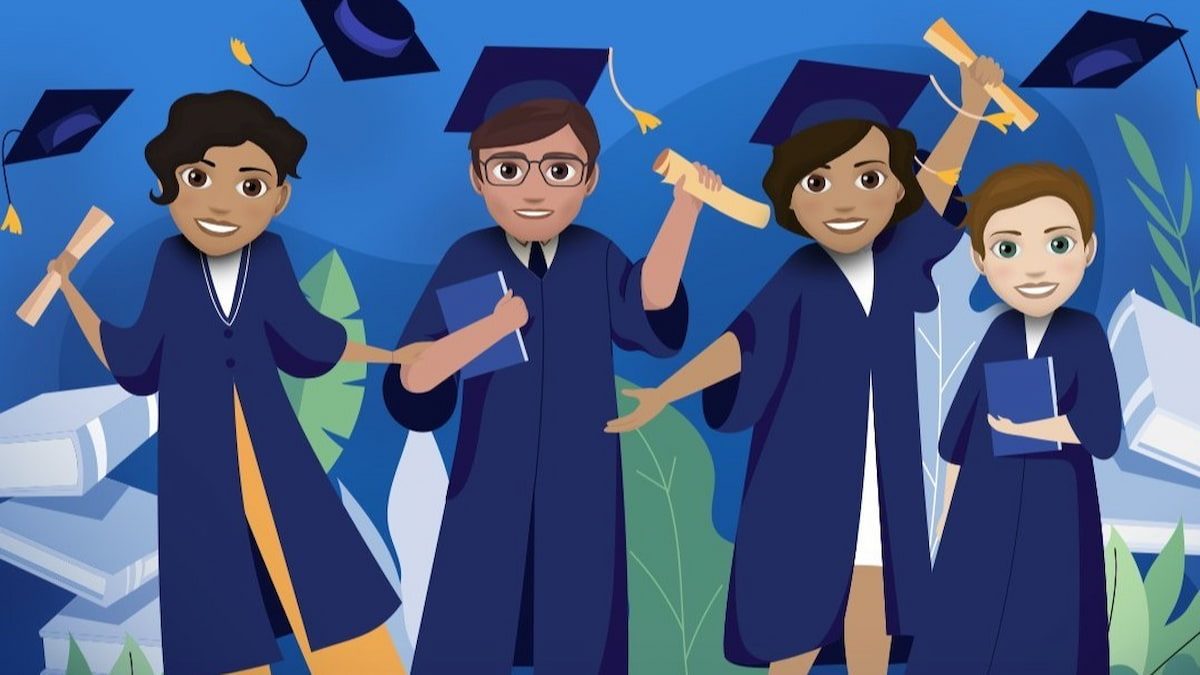 Four characters graduating and holding diplomas in bitlife
