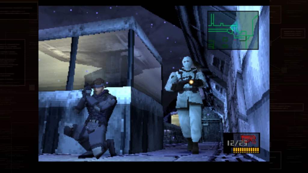 Metal Gear Solid Snake hiding behind barrier