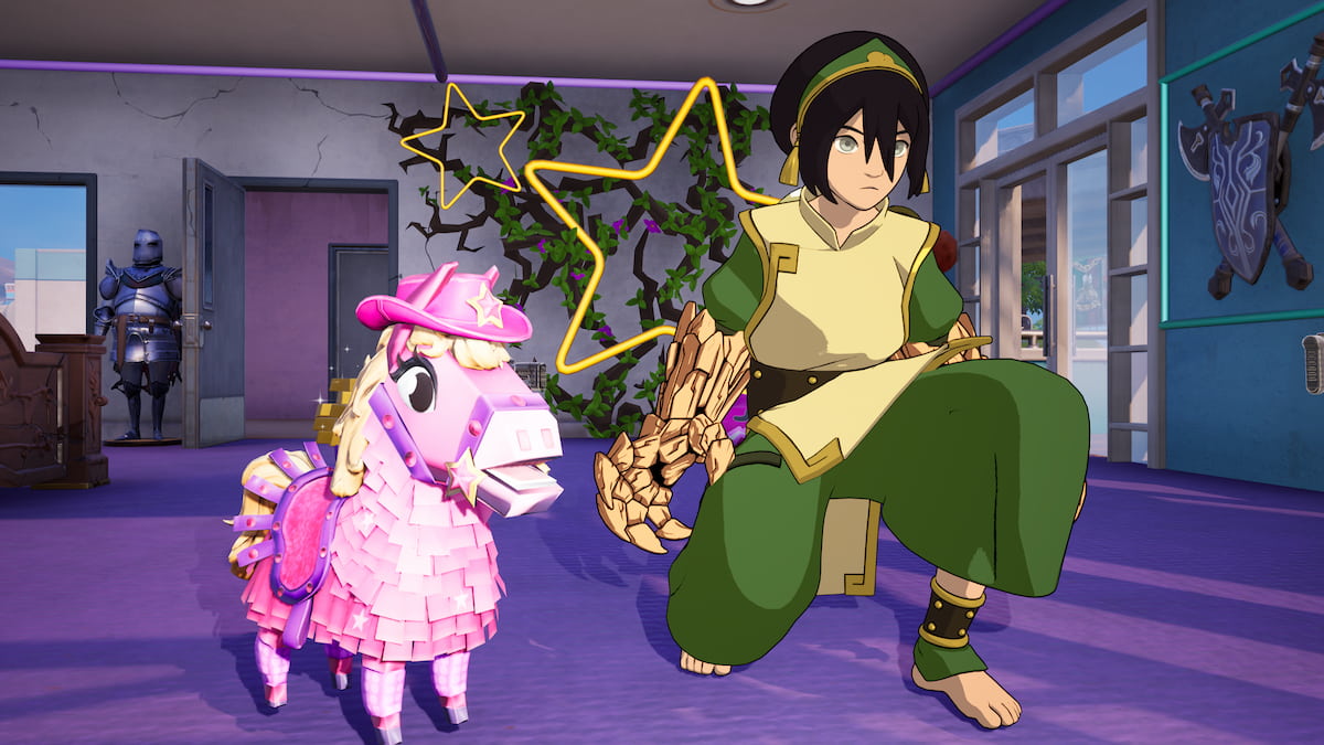 Toph kneeling by pink pony in chappell roan easter egg room in fortnite
