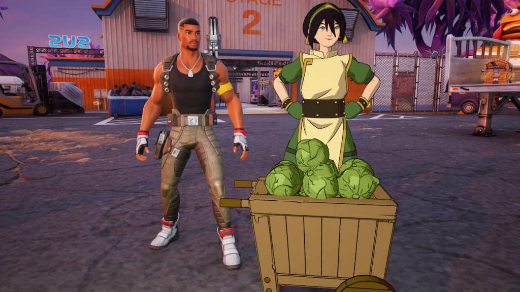 Toph standing by a wagon with cabbages next to miles npc in fortnite