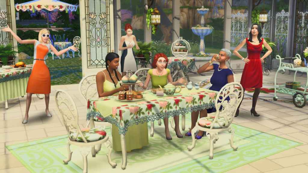 Sims gathered at a tea party in the sims 4 tea kit