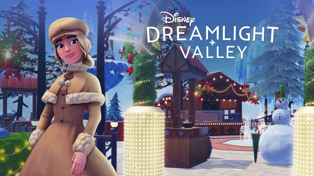 A player wearing a taupe winter hat and coat on the winter floating island in disney dreamlight valley
