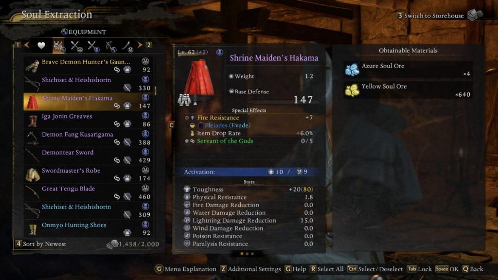 Shrine Maiden's Hakama being dismantled at a blacksmith in Nioh 3. 