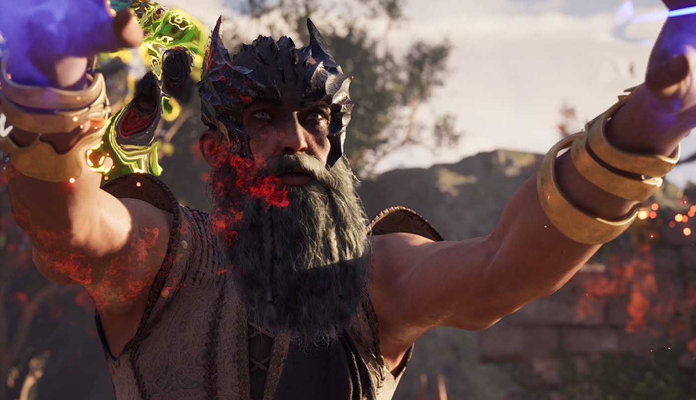 A screenshot from Avowed of a bearded man holding his hands out in front of him