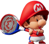 A baby version of Mario holding a tennis racket.