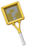 a yellow square Tennis racket with a question mark in the strings.