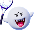 Boo, a round ghost with a blue tennis racket.