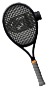 A black tennis racket with a bullet in the strings.
