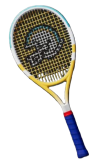 A yellow and blue tennis racket with a football helmet design in the strings.