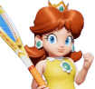 A brown-haired princess wearing a yellow top with a green brooch and tennis racket.
