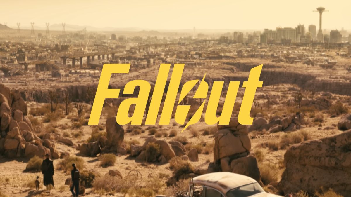 Establishing shot of Las Vegas with Ghoul and Lucy heading to it and Fallout icon overlayed on top