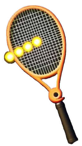 An orange tennis racket with four small balls of fire coming out of the middle.