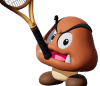 A brown mushroom character with a tennis racket in his mouth.