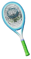 A white and blue racket with a green handle
