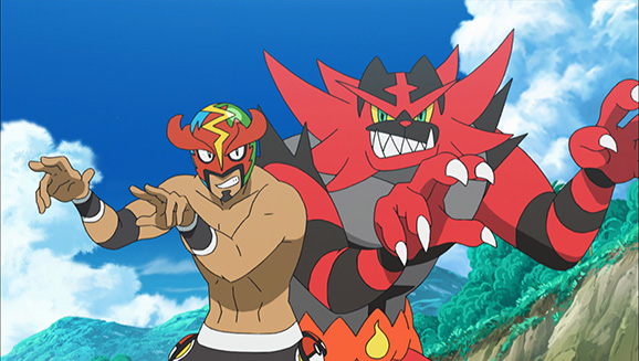 Incineroar and a masked man stand back to back with their arms up, thriller style.