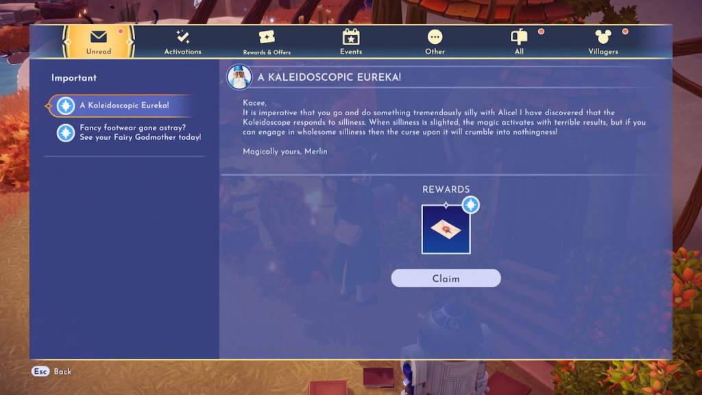 Kaleidoscope letter from merlin in disney dreamlight valley