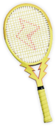 A yellow tennis racket with a lightning bolt design in the strings