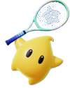 A yellow chunky star being holding an ice blue tennis racket.