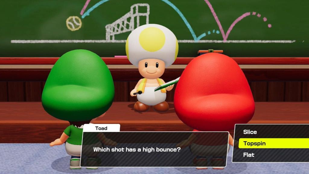Baby Mario and Baby Luigi face Professor Toad while he asks: “Which shot has a high bounce?”