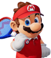 Mario stands in a red tennis outfit with a racket slung over his shoulder.