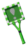 A square tennis racket with white and green checkerboard patterns. A white exclamation point design is in the green strings.