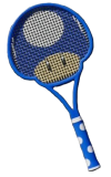 A blue tennis racket with a Toad mushroom from Mario in the strings.