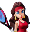 Pauline, a dark-haired woman with long hair, a red tennis visor, and tank top.