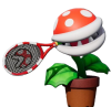 Piranha Plant, a red and white polka dot bulbous creature in a brown pot, holds a tennis racket in its mouth.