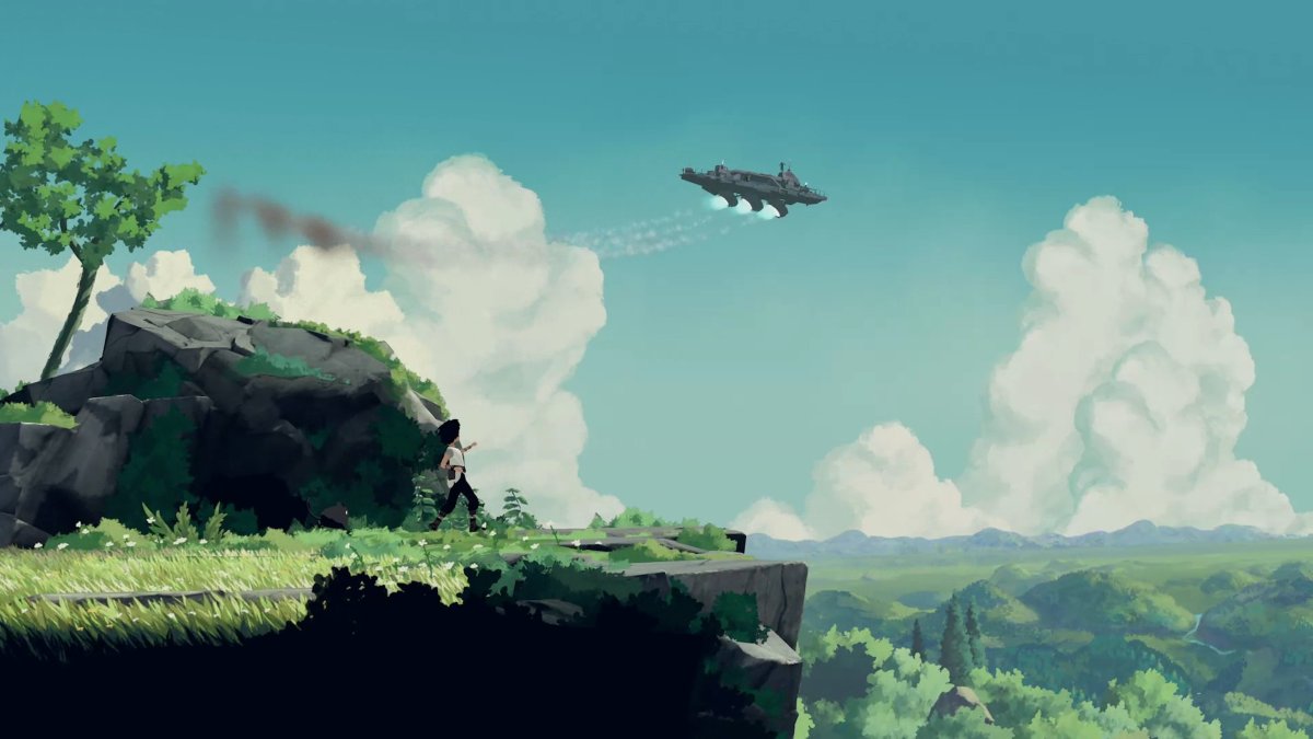 Lana running to a cliff edge with a robotic aircraft gliding past in the distance