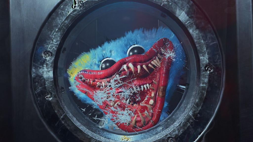 Huggy Wuggy's face smashing through window on door