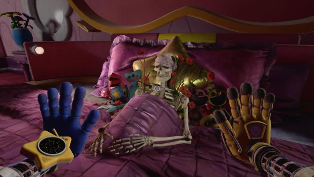 A skeleton in a pink bed with plushies surrounding them