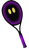 A shadowy tennis racket with two yellow eyes and a purple handle.