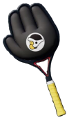 A tennis racket from Mario Tennis Fever, the Shove Racket. This looks like a black glove with a tennis handle.