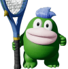 Spike, a green kappa-like creature with a tuft of blue hair, holds a Tennis racket and smiles at the camera.