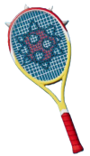 A red and yellow racket with spikes on the top.