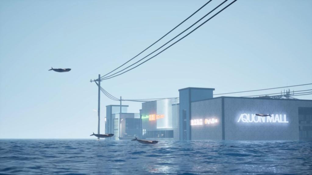 A shot of the mall with powerlines and flying fish