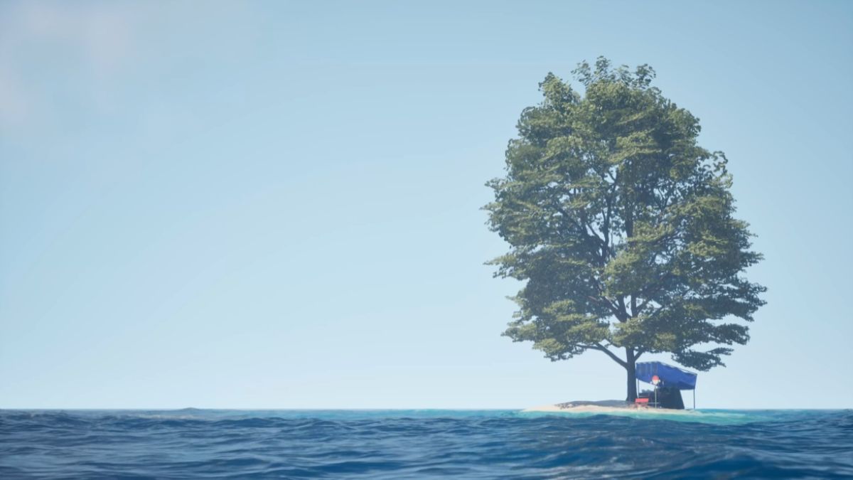 An establishing shot of the ocean with small island pictured and a tree atop it