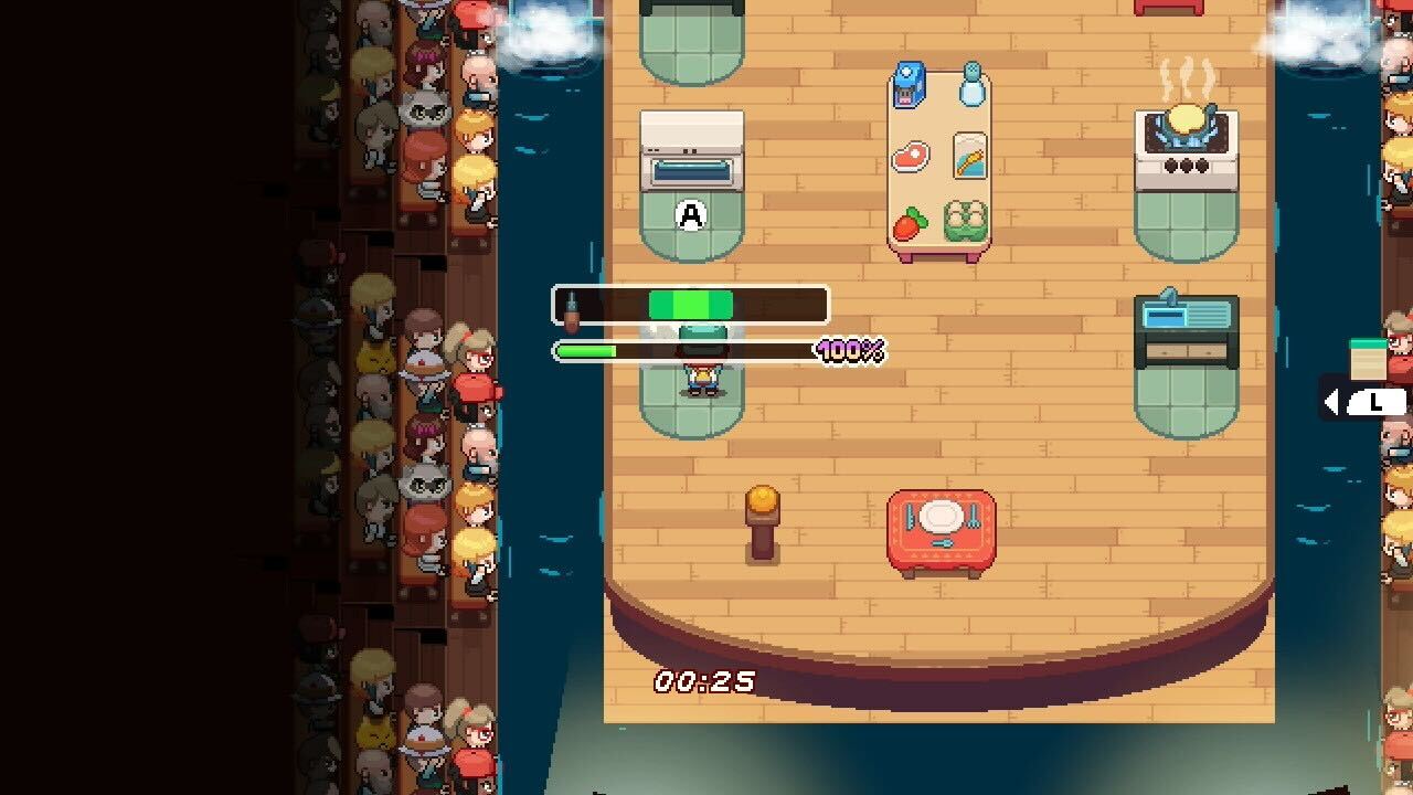 A bar shows above Nia as she cooks food in front of an audience.