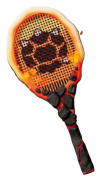 A tennis racket made out of molten lava and rocks with a spiky turtle shell design in the strings.