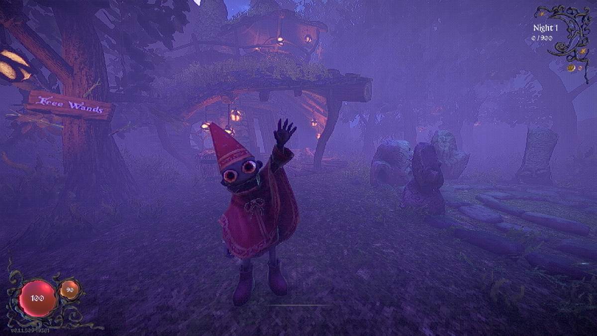Wizard waving at the camera with the wizard hut in the background
