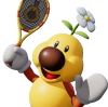 A caterpillar character holds a racket above his head and smiles at the camera.