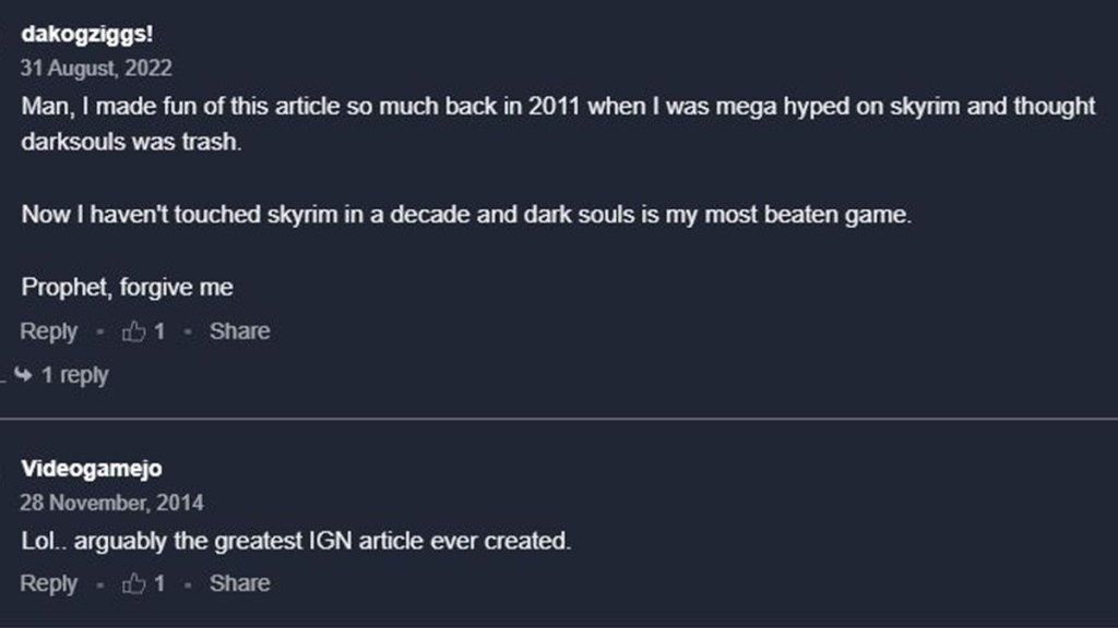 The comments section for the IGN article on Dark Souls vs Skyrim
