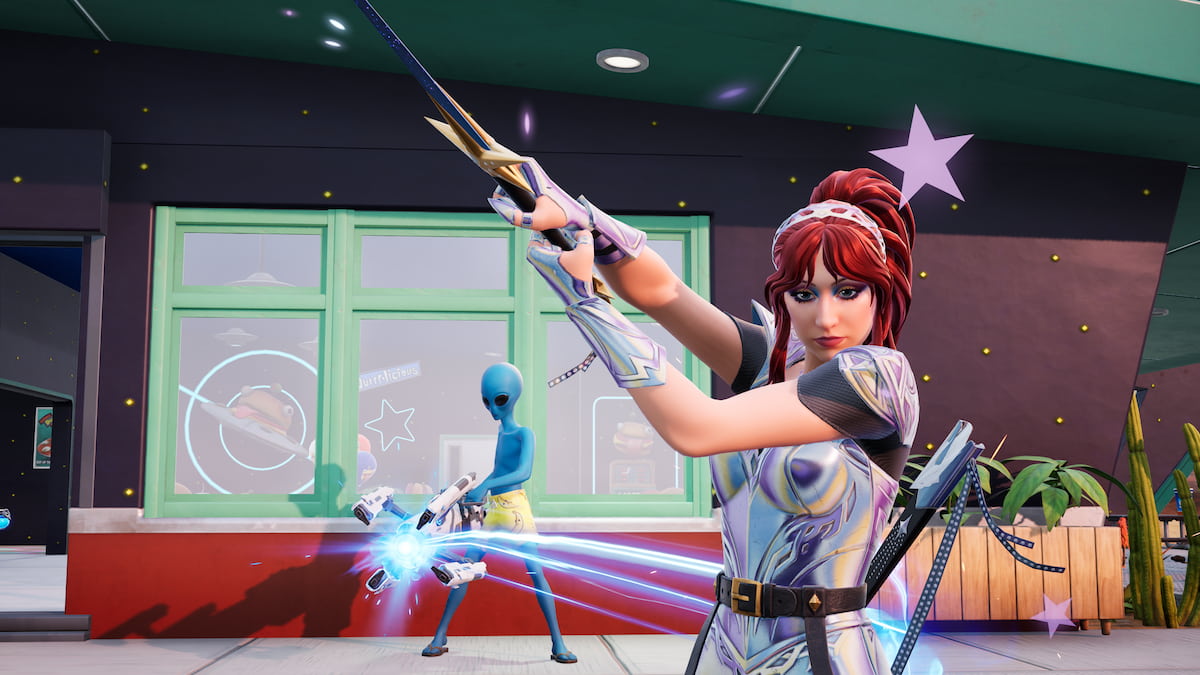 Chappell Roan standing in front of Human Bill and slashing sword in fortnite