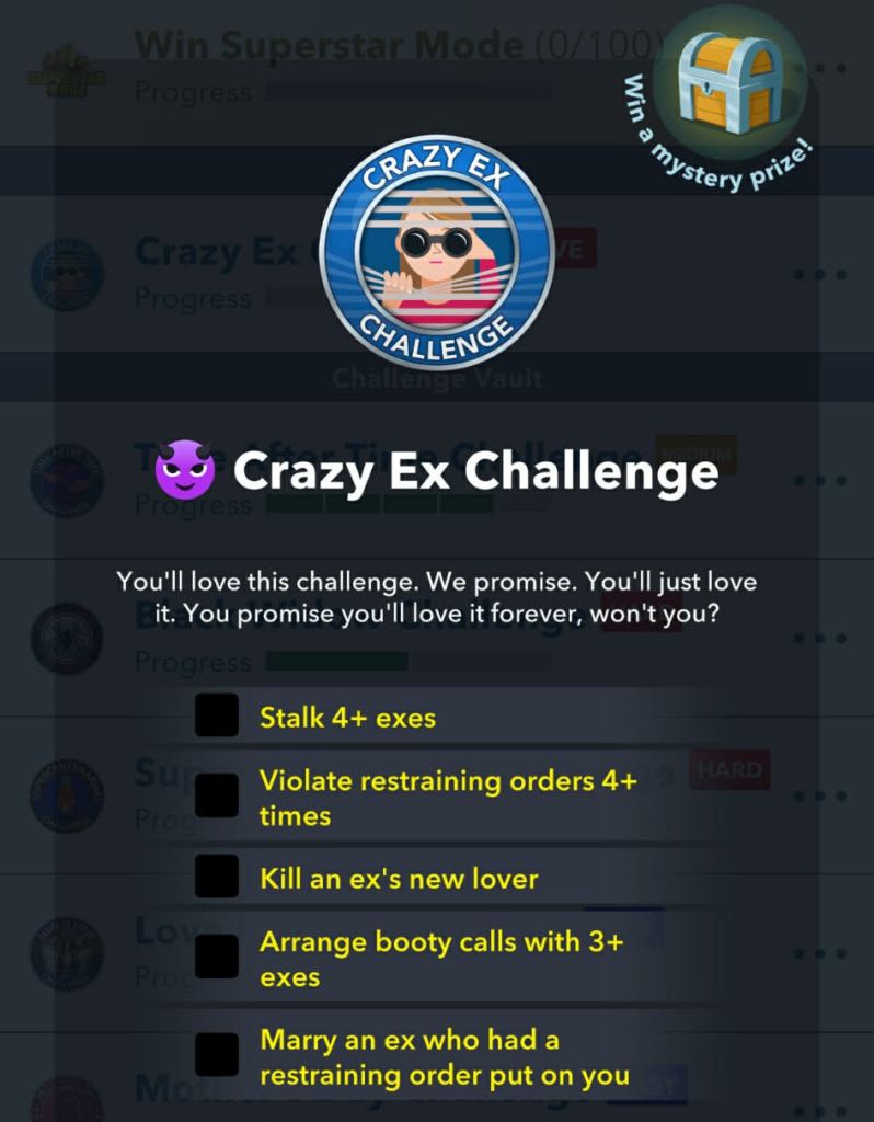 All crazy ex challenge goals in bitlife