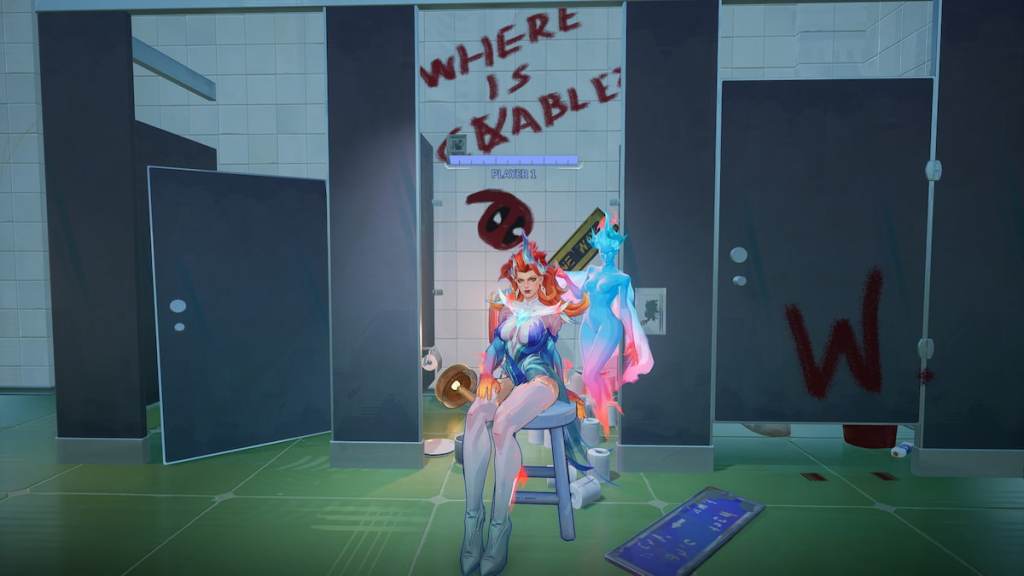 Phoenix sitting in graffiti bathroom in marvel rivals