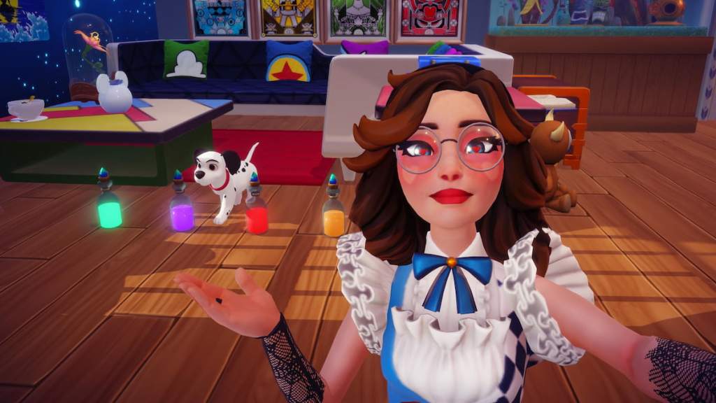 Player taking a picture with elixirs on the ground in disney dreamlight valley
