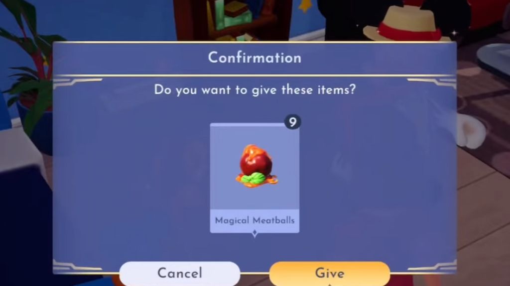 Giving lady magical meatballs in disney dreamlight valley
