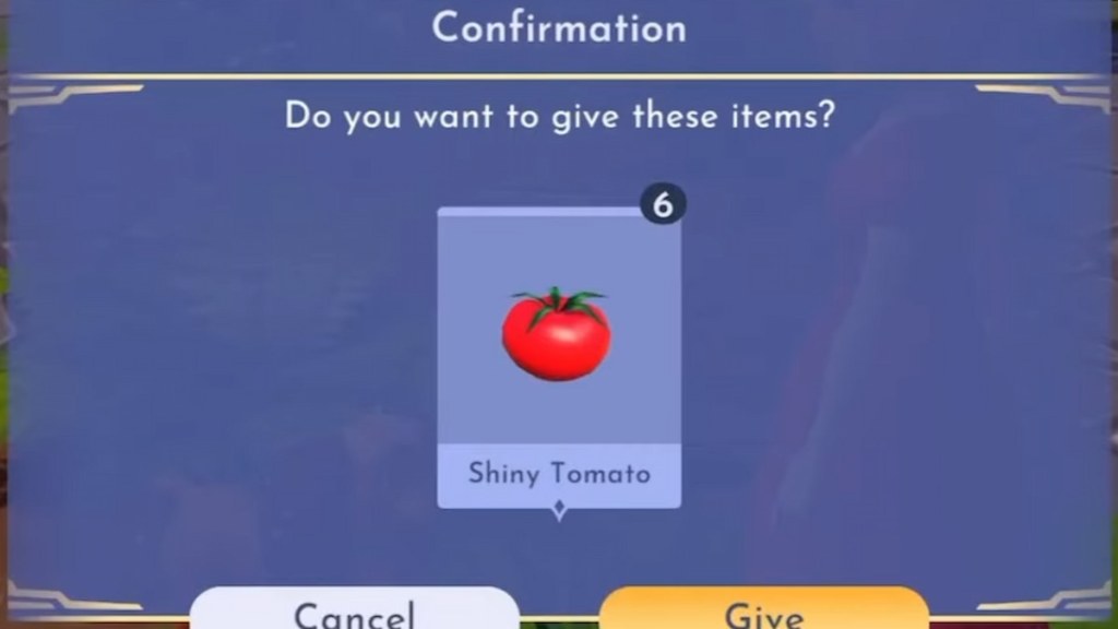 Giving lady shiny tomatoes in disney dreamlight valley