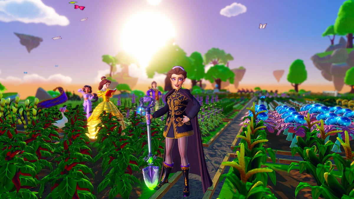 Holding shovel while standing in crop field with belle, jasmine, and aladdin in disney dreamlight valley