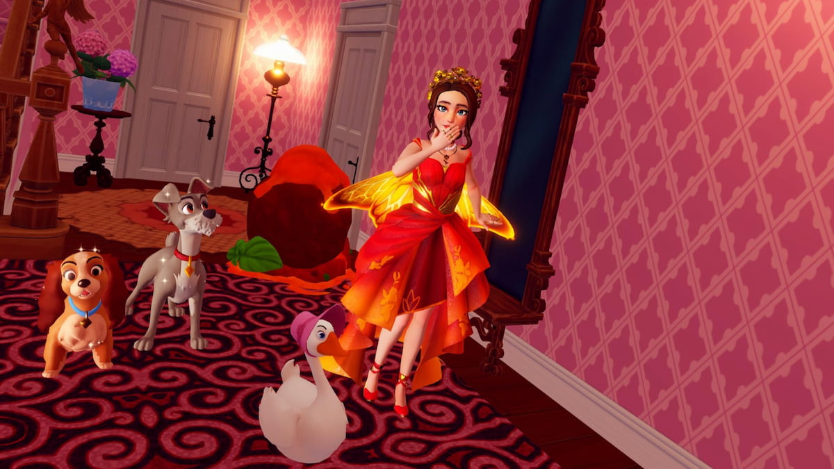 Standing by meatball inside lady and tramp's house in disney dreamlight valley